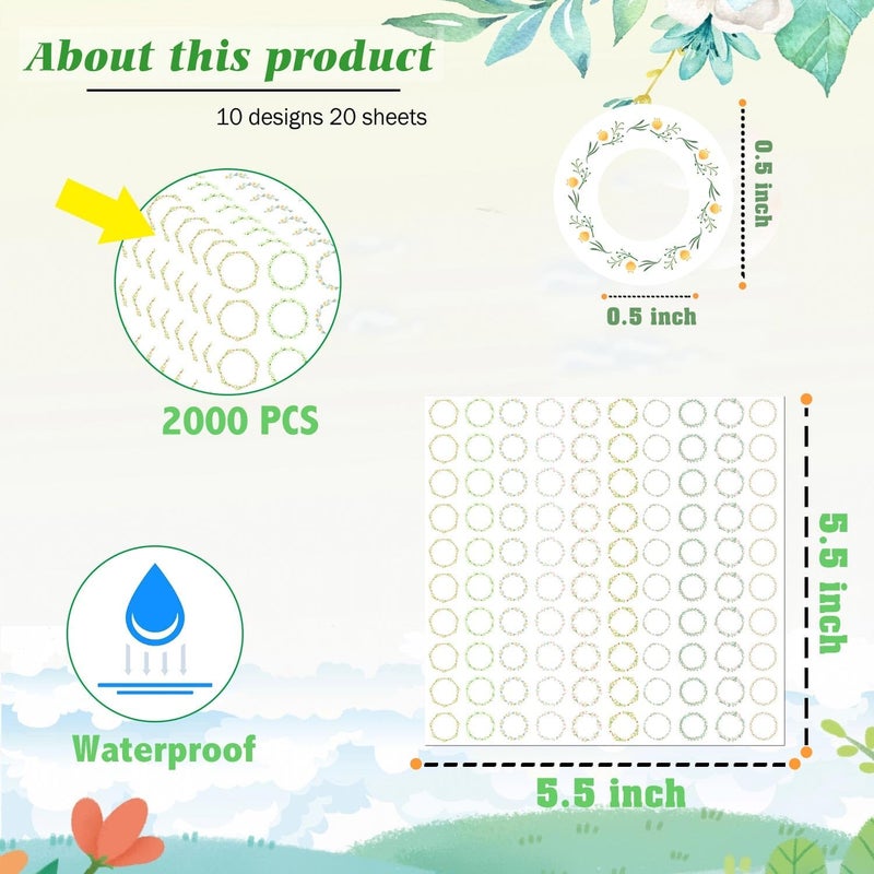 Well Tile Hole Punch Reinforcement Stickers Tear Resistant Hole Label Loose-Leaf Paper Labels Watercolor Plant Designs - 0.25 inch Binder Hole Reinforcements Labels for Hole-Punched Pages 2000 Pcs - Image 2
